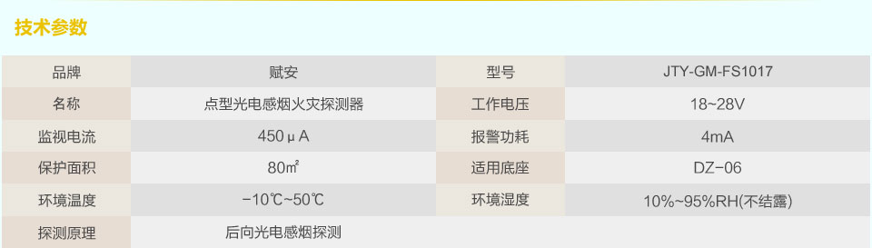 賦安點(diǎn)型光電感煙火災(zāi)探測(cè)器的技術(shù)參數(shù)