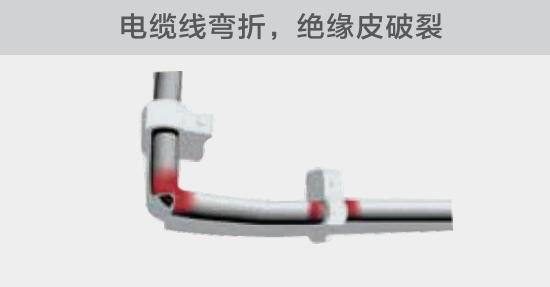 在安裝過程中，由于電線的彎曲半徑過小，或是線夾過緊，導(dǎo)致線纜絕緣皮破裂，產(chǎn)生電弧隱患