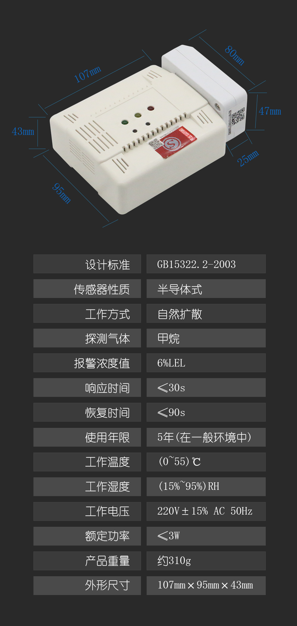 TKW-6210C獨(dú)立式可燃?xì)怏w探測(cè)器 WIFI聯(lián)網(wǎng)型技術(shù)參數(shù)