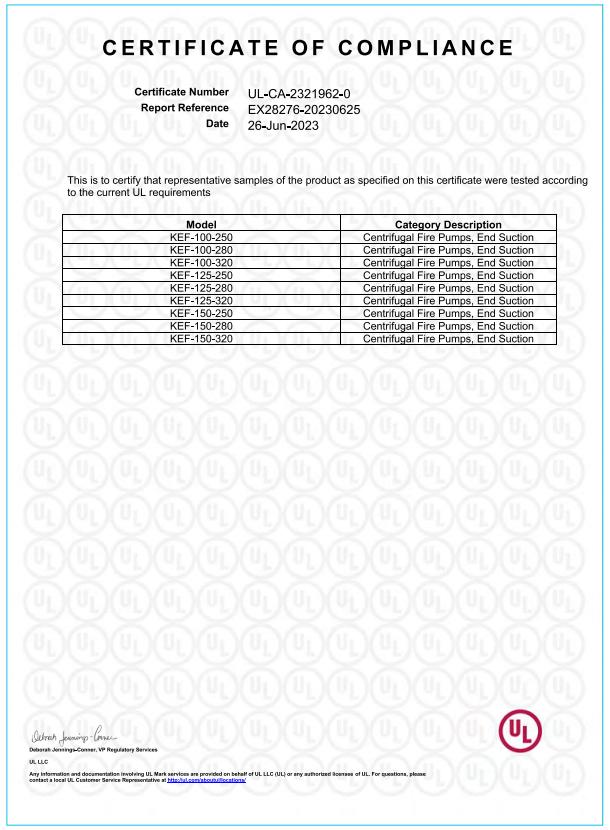 KEF系列單級端吸消防泵UL證書