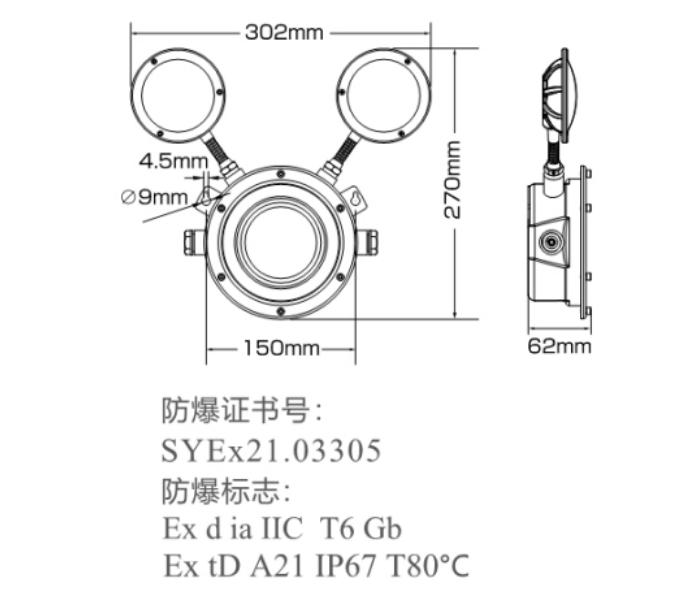N-ZFJC-E6W-EX8238 防爆防水6瓦雙頭燈外觀尺寸