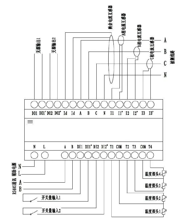 ZD-GST-T1301海灣消防組合式電氣火災(zāi)監(jiān)控探測器產(chǎn)品現(xiàn)場接線示意圖