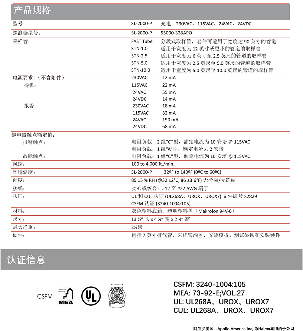 SL-2000-P風管煙霧探測器技術參數(shù)