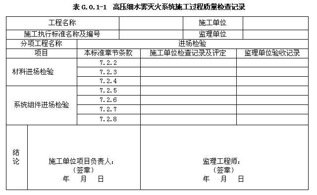 高壓細(xì)水霧滅火系統(tǒng)施工過(guò)程質(zhì)量檢查記錄